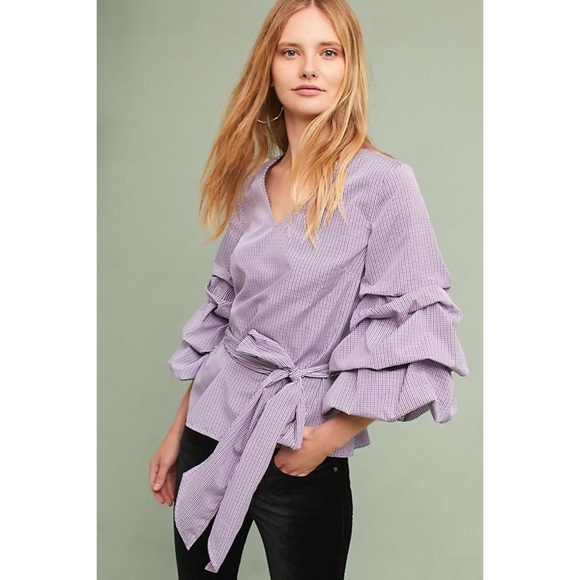 Anthropologie Ruffled & Tied Gingham Blouse - Picture 2 of 3